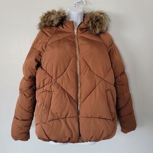 Maurices Women's Medium Brown Puffy Quilted Coat Furry Hood Full Zip Winter Warm